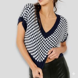 Free People Checkered Knit Sweater V Neck Navy Cream Slouchy Small